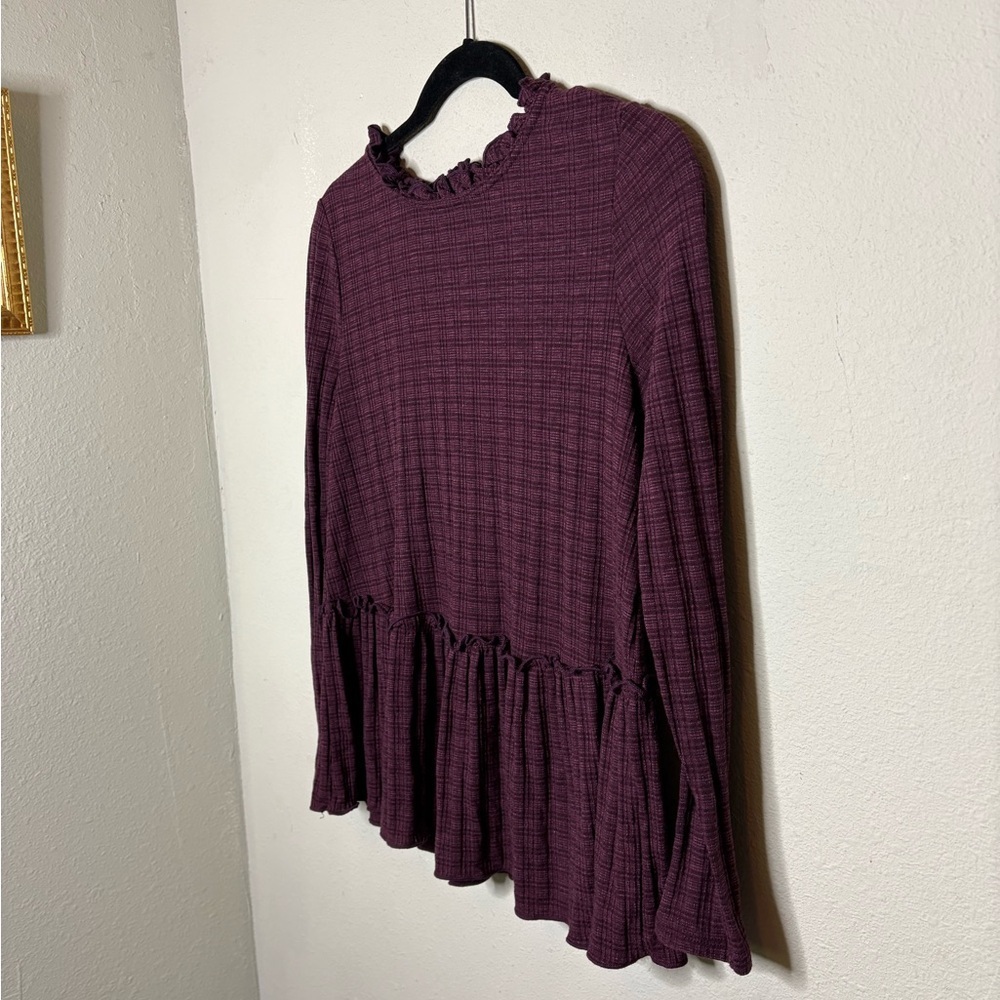 Altar'd State Women's Ruffle-Neck Peplum Top - Plum Plaid Medium - Picture 2 of 6